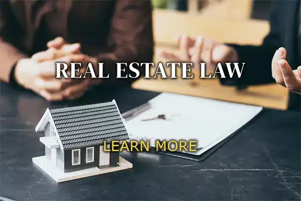 A family discussing their property purchasing options and words titled" Real Estate Law".